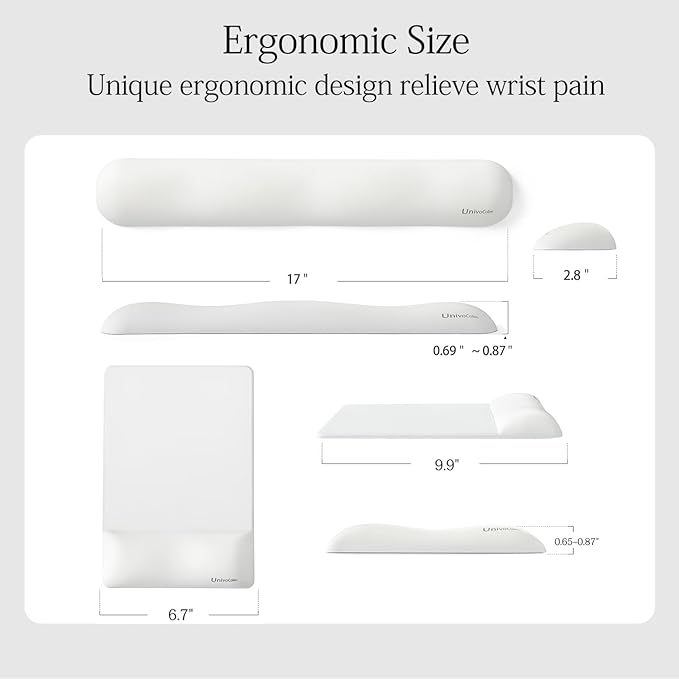 UnivoColors Design-Wave Set of Keyboad Wrist Rest & Mouce Pad,Artificial Sheepskin+Memory Foam+Ergonomic+Anti-Slip Gel, Resilience Support During Work and Gaming,Keyboard Accessory,White