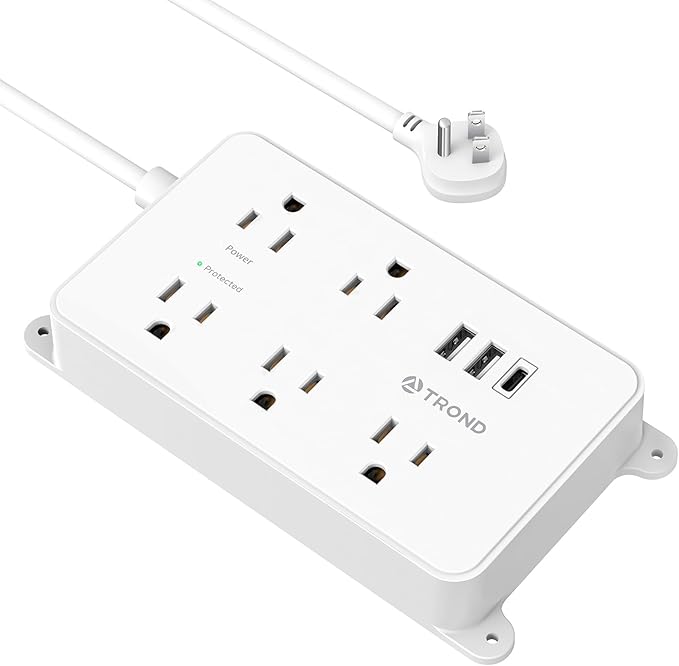 TROND Power Strip with USB, Surge Protector Flat Plug with 5 Widely-Spaced Outlets and 3 USB Ports, ETL Listed, 1300J, Wall Mountable, 5ft Extension Cord, for Office Kitchen, White