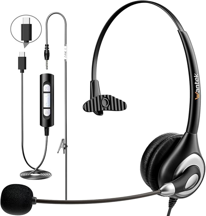 Wantek Headset with Microphone for PC Wired Headphones - USB C 3.5mm Headsets with Noise-Cancelling Microphone for Laptop