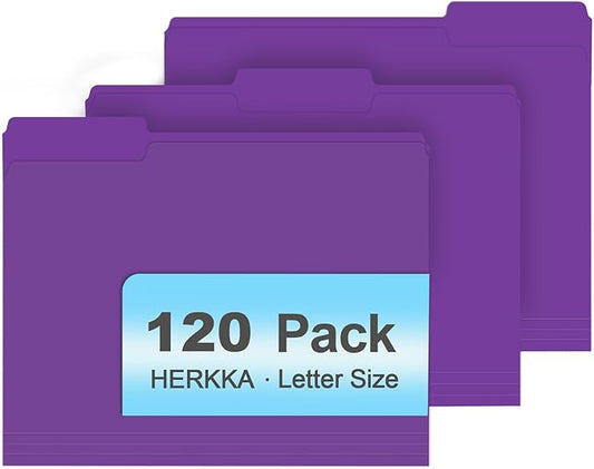 File Folder, HERKKA 120 Pack 1/3 Cut Tab File Folders, File Folders Great for Organizing and Filing, Letter Size, Purple