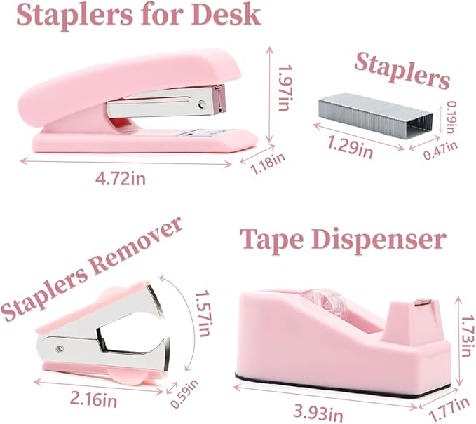 Pink Office Supplies Set, Stapler and Tape Dispenser for Women - Office Desk Accessories Gift for Women, Boss Lady, Coworkers