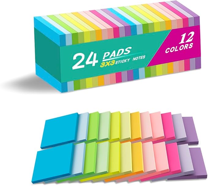 (24 Pads) Sticky Notes 3x3 Inches,Bright Colors Self-Stick Pads, Easy to Stick for Home, Office, Notebook