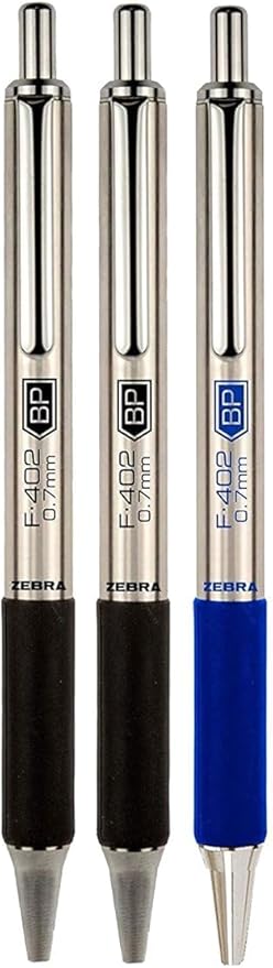 Zebra F-402 Ballpoint Stainless Steel Retractable Pen, Fine Point, 0.7mm, Black/Blue Ink, 3-Count Bundle with Plastic Reusable Pouch