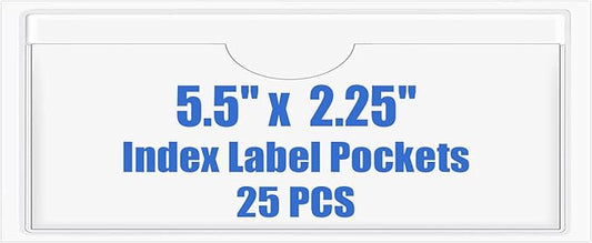 Origin-Joy 25 PCS Self-Adhesive Index Label Pockets, Clear Plastic Peel & Stick Card Holders with Top Open for Loading (5.5 x 2.25 inch)