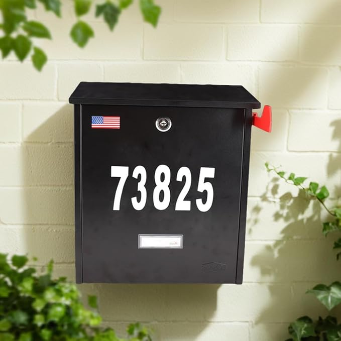 Wall Mount Locking Mailbox - Black Large Capacity Security House Numbers Mailbox - Waterproof Stainless Steel Vertical Drop Mail Box Outdoor with Keys