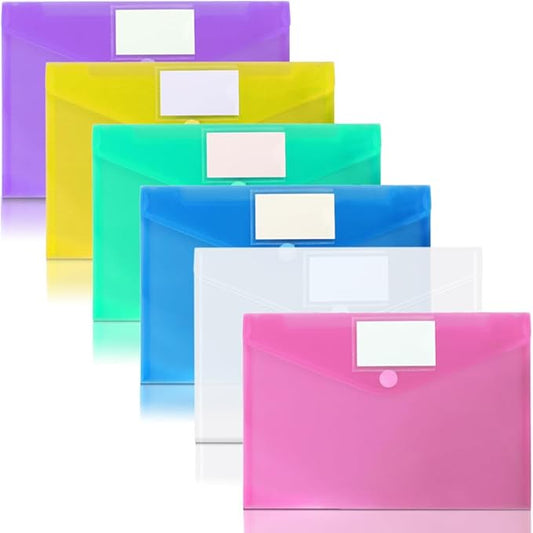 6 Pack Plastic Poly Filing Envelopes, Clear Document Folders US Letter A4 Size File Envelopes with Label Pocket & Paste Button for School Home Work Office Organization, 6 Assorted Color