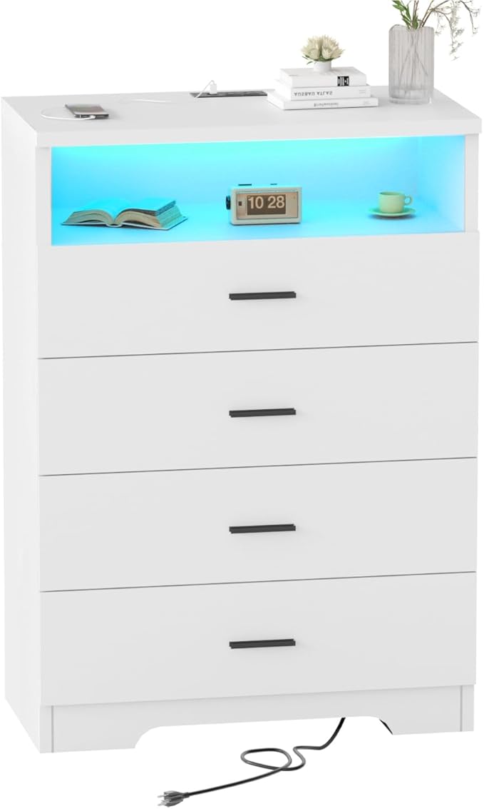 Dresser with Power Outlets and LED Lights Wooden 4 Drawer Dresser with Large Organizer Tall White Drawer for Bedroom Modern Chest of Drawers Closet for Living Room Kids Room