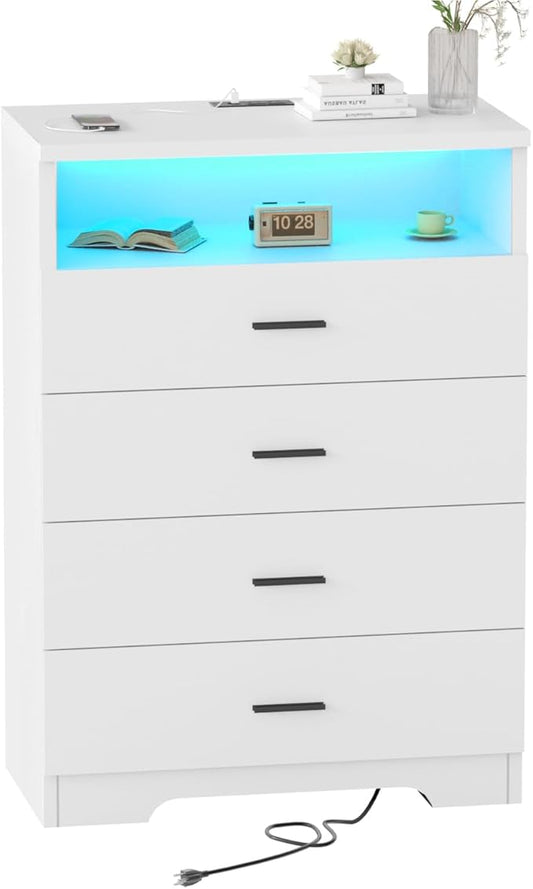 Dresser with Power Outlets and LED Lights Wooden 4 Drawer Dresser with Large Organizer Tall White Drawer for Bedroom Modern Chest of Drawers Closet for Living Room Kids Room