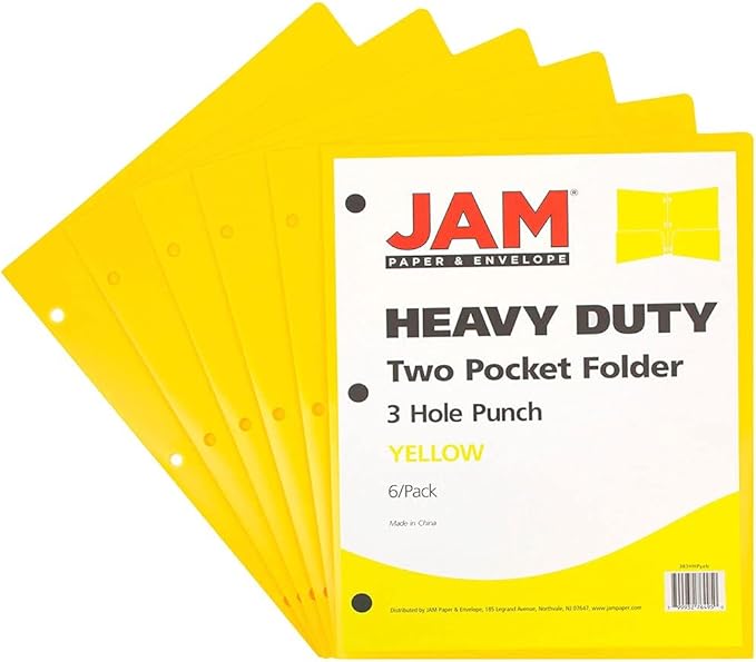 JAM PAPER Heavy Duty Plastic 3 Hole Punch Pocket Folders - Extra Tough School Folders - Yellow - 6/Pack