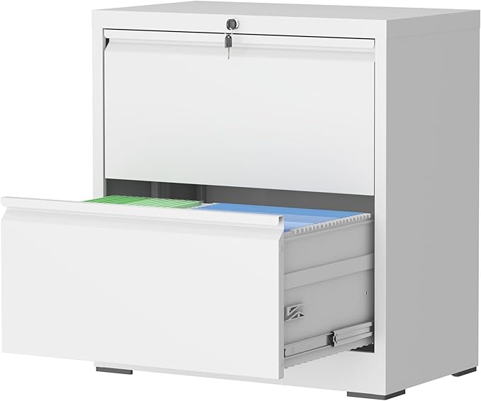 2 Drawer Lateral File Cabinet with Lock, File Cabinet, Metal Lateral Filing Cabinets for Home Office, File Storage Cabinet for Legal/Letter/A4 Documents, Assembly Required (White, 26'W)