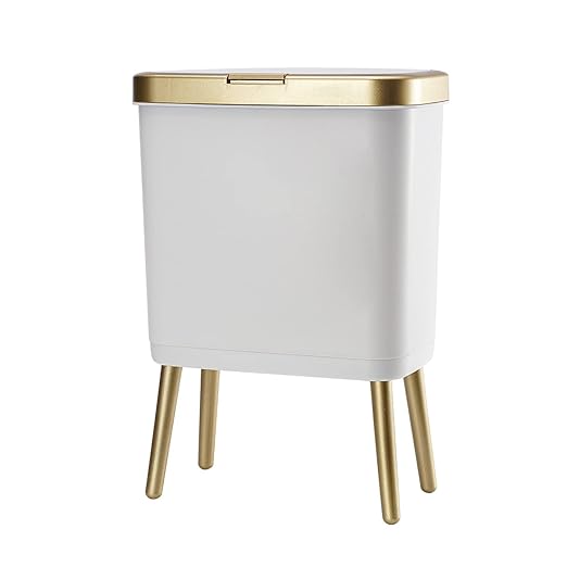 Procade Bathroom Trash Can with Lid, Plastic Garbage Can with Legs, 4 Gallon Gold Trash Bin with Push Button, Narrow White Trash Can Waste Basket for Bedroom, Living Room,Office，Dog Proof Trash Bin