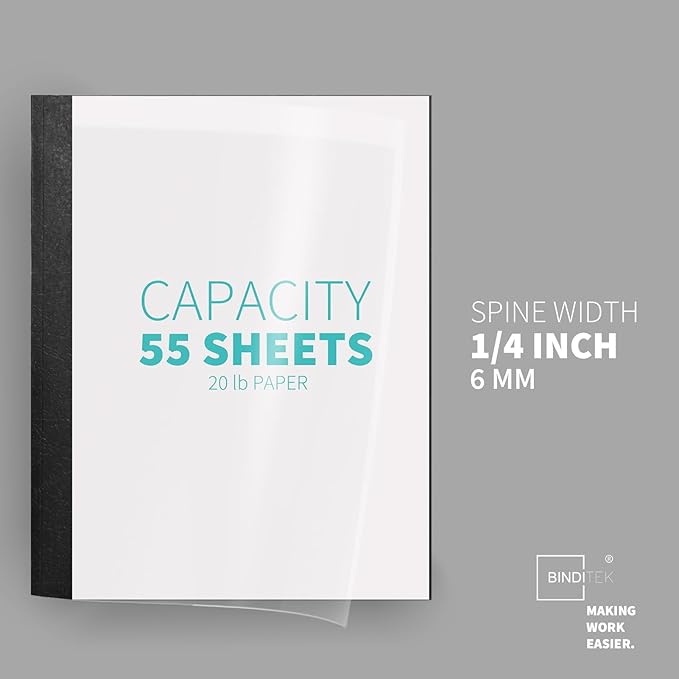 Binditek 10 Pack Thermal Binding Presentation Covers, 1/4 Inch Spine, Holds 55 Sheets, Ultra Clear Front Cover, Black Paper Back Cover, Letter Size, for Students and Coworkers