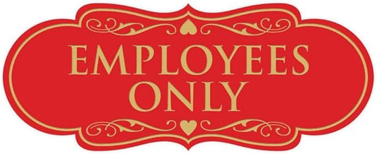 Designer EMPLOYEES ONLY Sign | Easy Installation | Office or Business Signs | Workplace Safety - Red/Gold - Large (1 Pack)