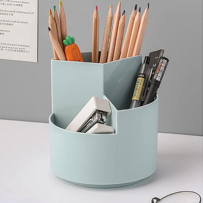 Rotating Pen Holder 3 Compartments, School Supplies Organizer for Pen, Colored Pencil, Art Brushes, Desktop Storage Box in Classroom & Art Studio, Gift for Teachers, Classmates, and Friends ,Blue
