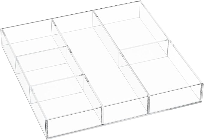 HIIMIEI Acrylic Drawer Organizer, 6 Section Clear Makeup Tray Organizer for Drawer Office Bedroom(11.8x11.8 inch)