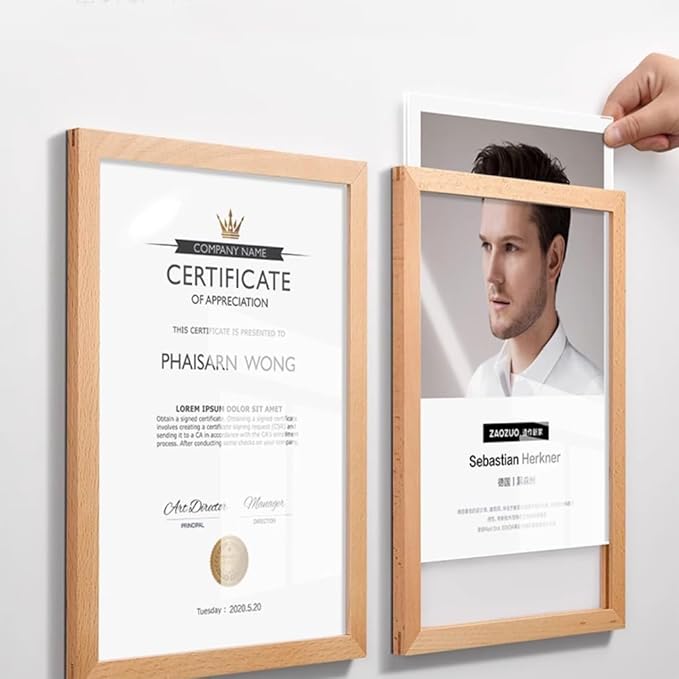 Wall Mount Acrylic Sign Holder Self Adhesive Magnetic Display Frame Clear Document Frame for Office, Store, School, Home, Wall Picture Frame (Walnut A5 148×210mm/5.83×8.27inches)