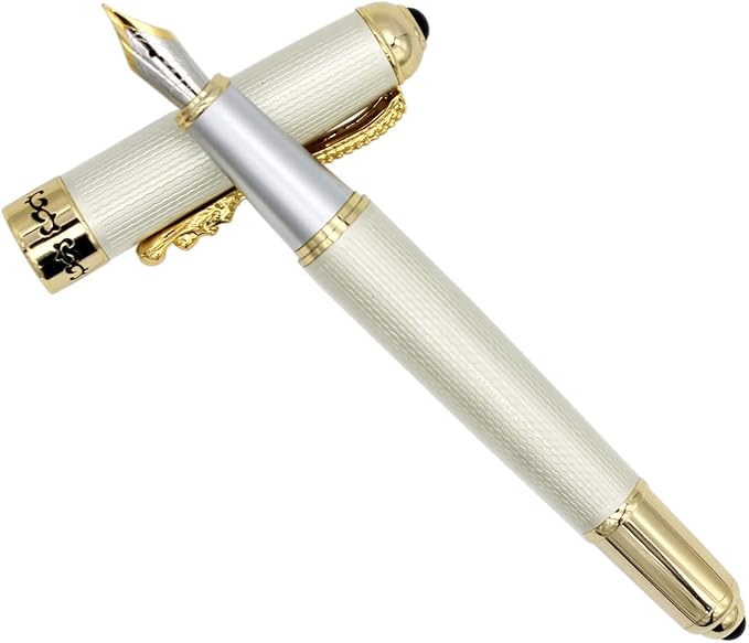 Gullor Fountain Pen with Ink Converter, Golden Dragon Clip, Executive Pen for Smooth Writing, Fine Nib, White
