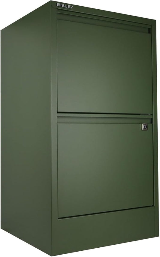 Bisley 2-Drawer Flush Front Vertical File Cabinet - Olive Green, 2 Hanging File Drawers, Powder-Coated Steel, Locking Drawers