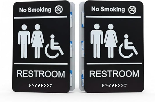 Unisex Restroom signs for business with No Smoking Sign, Brushed Acrylic Bathroom Signs, ADA Compliant with Grade 2 Braille, Raised Icons, Double Sided 3M Tape for Office Toilet Door & Wall 6x9" (2 Pack Restroom Sign)