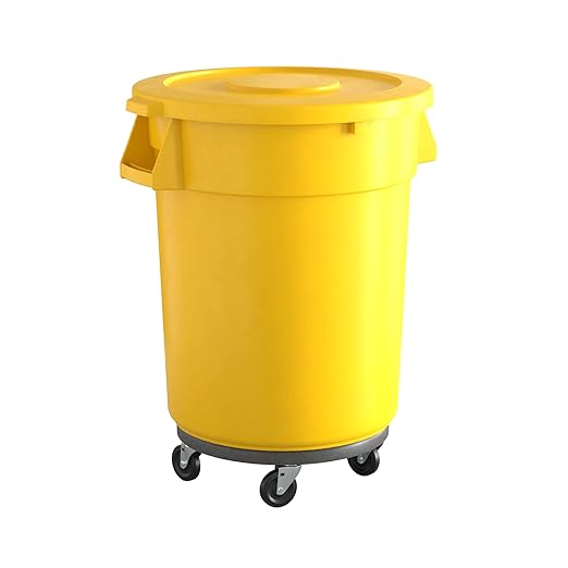 32 Gallon Yellow Round Commercial Trash Can with Lid and Dolly