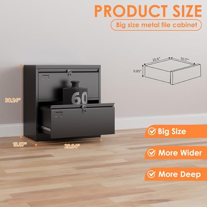 Aobabo Lateral File Cabinet 2 Drawer,Lockable Metal Filing Cabinet, Suitable for Home Office School Hanging Files Letter/Legal Size,Required-Assembly,Black