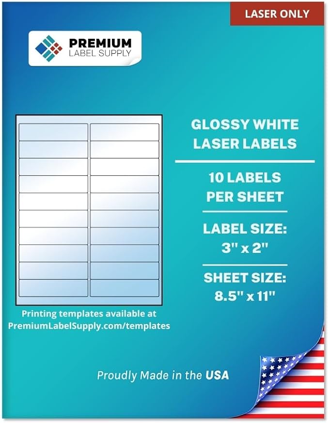 Premium Label Supply Glossy White Address Sticker Labels – 4" x 1" – (20 per Sheet) (Glossy White for Laser Only, 500 Labels)