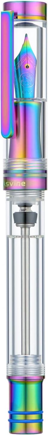 Asvine V200 Titanium Fountain Pen Vacuum Filling, Rainbow Iridium Extra Fine Nib Clear Demonstrator Acrylic with Pen Case and Wrench