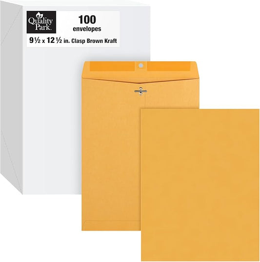 Quality Park, QUA37893, Gummed Kraft Clasp Envelopes, 100 / Box, Kraft, 9.5 x 12.5 Inches