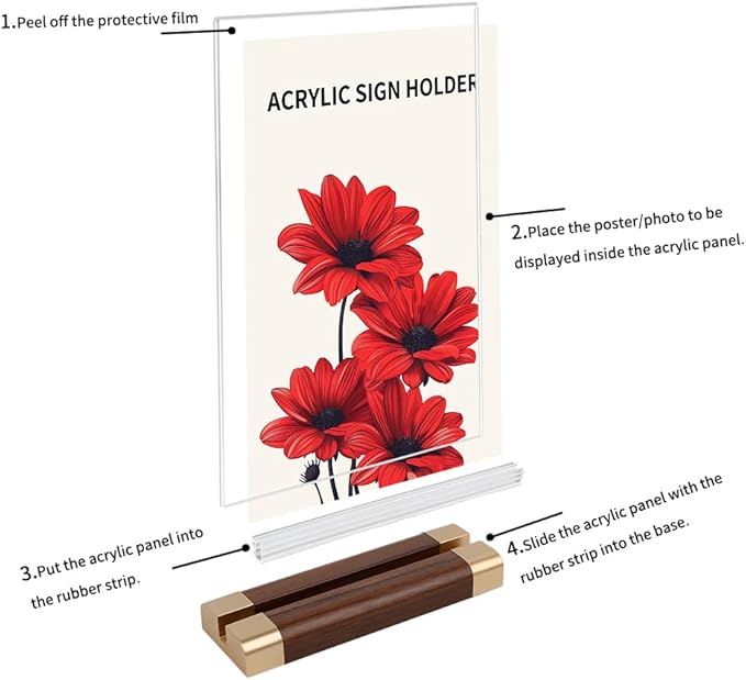 Acrylic Sign Holder 5" x 7" with Wood-Color Base, Tabletop Double-Sided Display Sign Frame Vertical Clear for Store/Coffee Shop/Restaurant Menu Hotel Display Board, 3 Pack T Shape