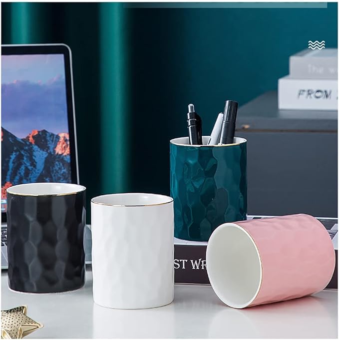 Ceramic Pen Holder Stand Cup Pencil Holder Organizer Makeup Brush Holders for Home Office Desk (Black)