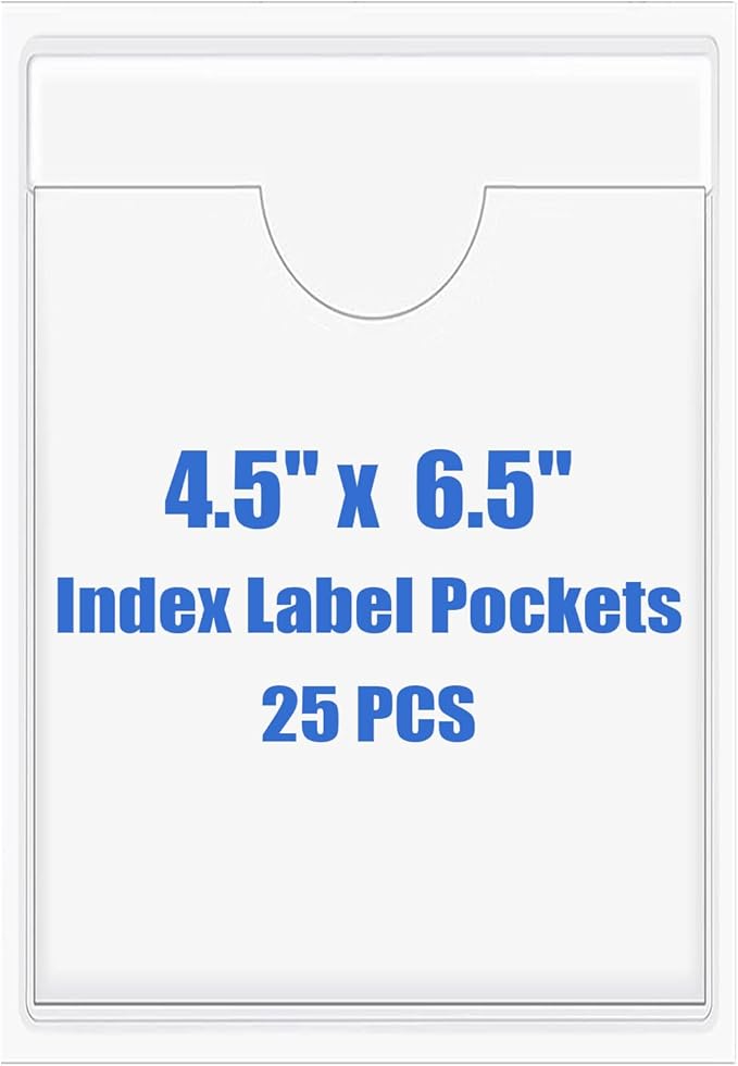 Origin-Joy 25 PCS Self-Adhesive Index Label Pockets, Clear Plastic Peel & Stick Card Holders with Top Open for Loading (4.5 x 6.5 inch)