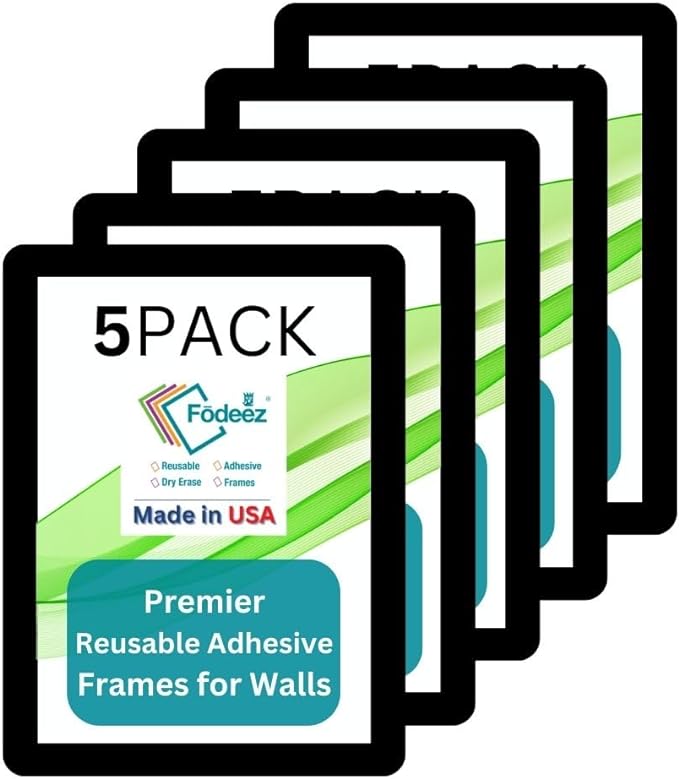8.5 x 11 Adhesive Wall Frames - Peel & Stick Picture Frames, Wall Sign Holder, Paper & Letter Protector Sheets, Reusable Picture Frame, Dry Erase, Non Magnetic & Non Acryclic - Black, Pack of 5