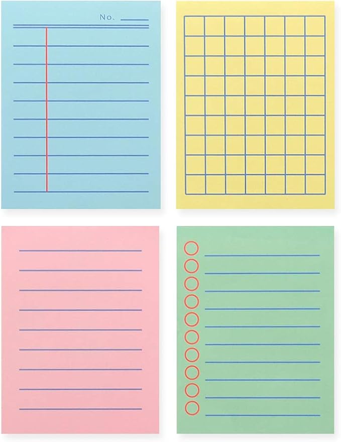 Monolike Memopad Boldline Color design SET - 4 Packs, 4 Different Designs, 100 Sheets Per Pad, Total 400 Sheets, Note pads, Writing pads, 3.15 x 4.17 Inches