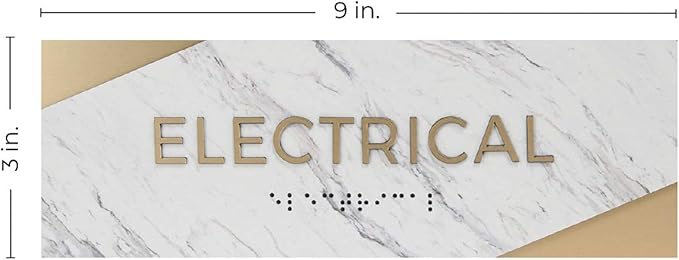Electrical Sign with Braille/Small Business Easy Adhesive Mount Door And Wall Sign / 3" x 9" Light Marble Design