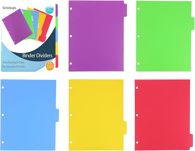 6 Sets 5 Tab Binder Dividers, Plastic Binders Dividers with Tabs Colorful Big Tab Fit Standard 8.5 X 11 Sheets, Dividers for 3 Ring Binder