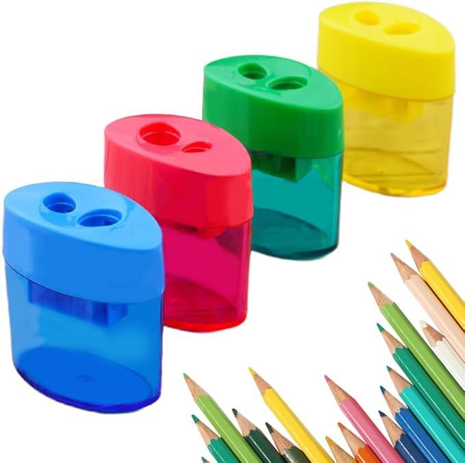 4 Pcs Pencil Sharpeners with Lid, Dual Holes Compact Colored Handheld Pencil Sharpener, Colored Handheld Sharpener Suitable for Kids Adults Students School Class Home Office (Ellipse)