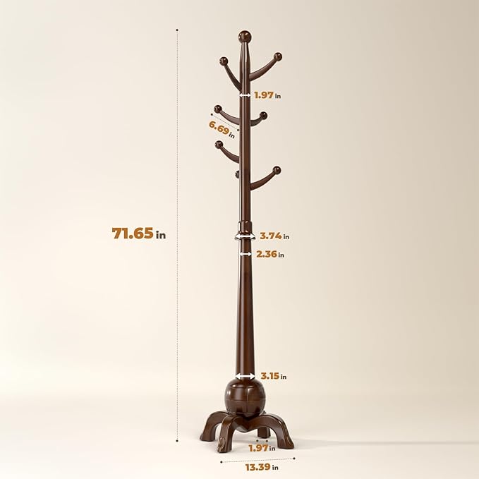 Wood Coat Rack Freestanding, Solid Wooden Hall Tree with 8 Hooks, Coat Tree Freestanding Heavy Duty with Stable Base, Entryway Hallway Bedroom Office Use, 240lbs Load Capacity H:71.6in (Walnut)