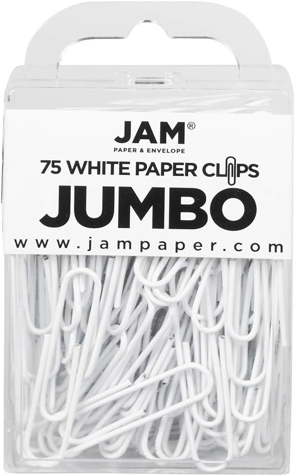 JAM PAPER Colorful Jumbo Paper Clips - Large 2 Inch - White Paperclips - 75/Pack