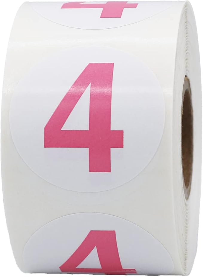 Pink Number 4 Circle Stickers, 1.5 Inch Round Adhesive Labels, 500 Stickers Per Roll for Inventory, Organization, Bins, Retail, Classrooms, and More – Made in The USA