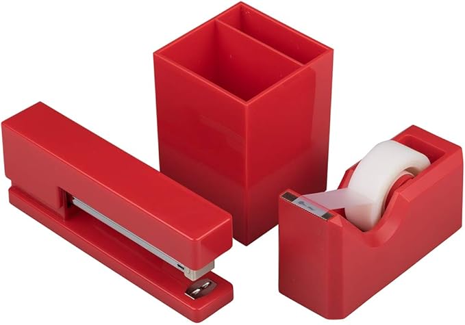 JAM PAPER Desk Trio Pack - Red - Stapler, Tape Dispenser & Pen Holder - 3/Pack