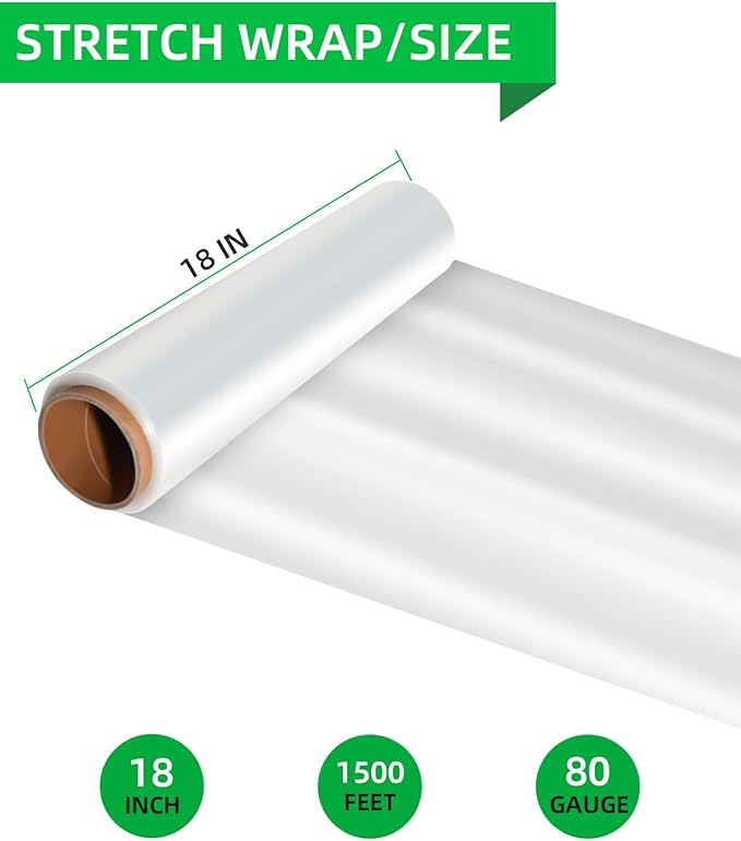 Stretch Wrap Roll - Heavy Duty Industrial Strength 18inch 1500ft,Clear Cling Shrink Wrap Film Roll 80 Gauge - Ideal for Furniture, Moving, Shipping, and Pallet Packing(Clear-4Pack)