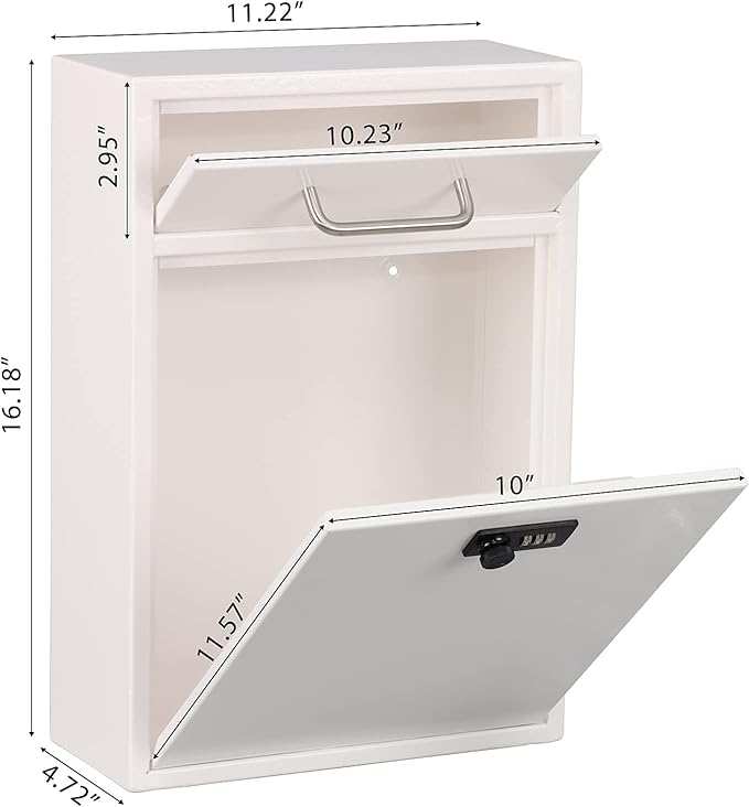 xydled Wall-Mount Mailbox with Combination Lock, Steel Key Lock Mail Boxes Outdoor, Locking Wall Mount Mailbox, Security Key Drop Box, Collection Boxes, 17.2H x 12.2L x 5.8W Inches, White, XL Large