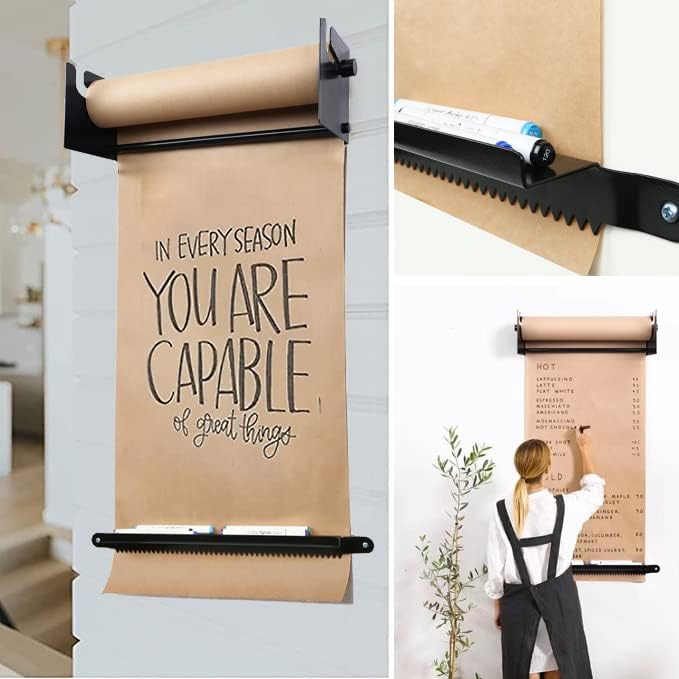 24" Kraft Paper Dispenser Wall Mount，Butcher Paper Dispenser，Paper Roll Cutter to Do Lists,Ideal for Home,Office Wall Paper Holder with Serrated Edge Cut Bar-Black