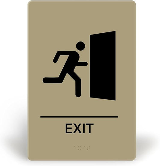 Promot Exit Sign – ADA Braille Exit Sign for Business, Self-Adhesive, 9" x 6", Commercial Door Signage, Office Wall Decor - Taupe