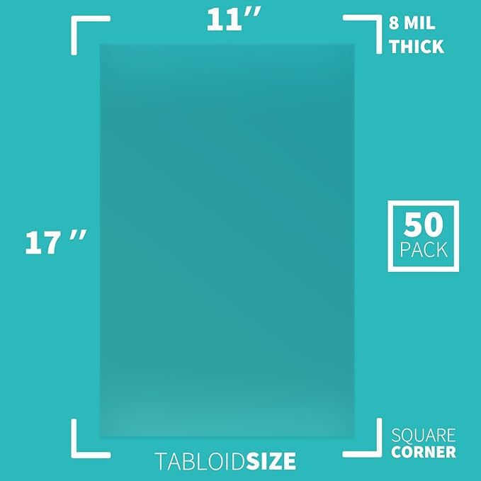 Binditek 50 Pack 8 Mil PVC Clear Binding Presentation Covers, 11 x 17 Inches, Tabloid Size, Square Corners, Un-Punched, Office School Supplies