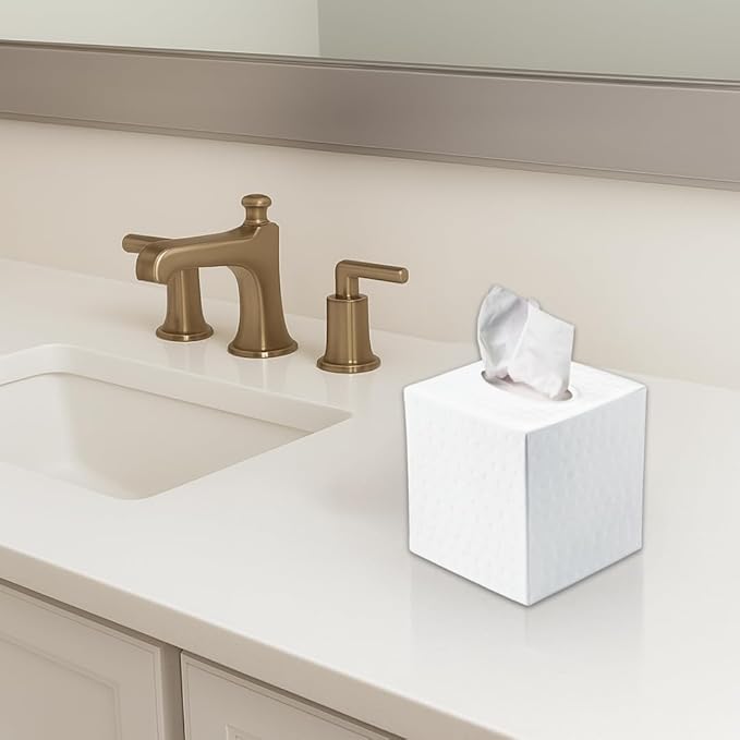 Monarch Abode Hand Hammered Tissue Box Cover Square, White Tissue Holder for Bathroom, Square Metal Dresser Accessories for Home, Decorative Tissue Box Holder, Classic White Handcrafted Tissue Cover