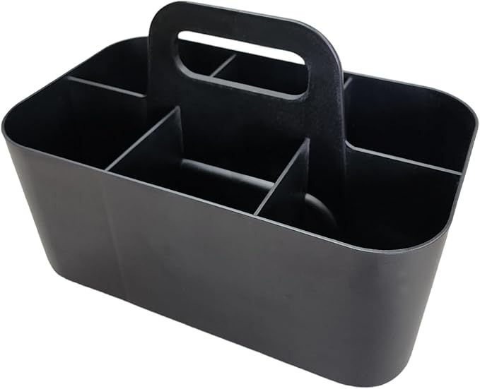 2 Pack Small 6 Compartment Multiuse Caddy Organizer with Handle Art Craft Supplies, Office, Desk, Stationery Pen Holder Stackable- Made In USA (Black)