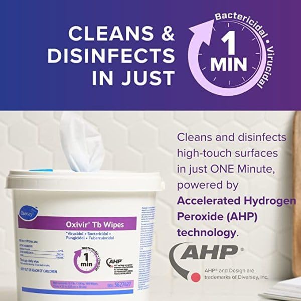 Oxivir Diversey Tb 5627427 Ready-to-Use Disinfectant Cleaning Wipes, Accelerated Hydrogen Peroxide, 11x12-Inch Extra Large Sheets, 160-Wipes, 1-Bucket