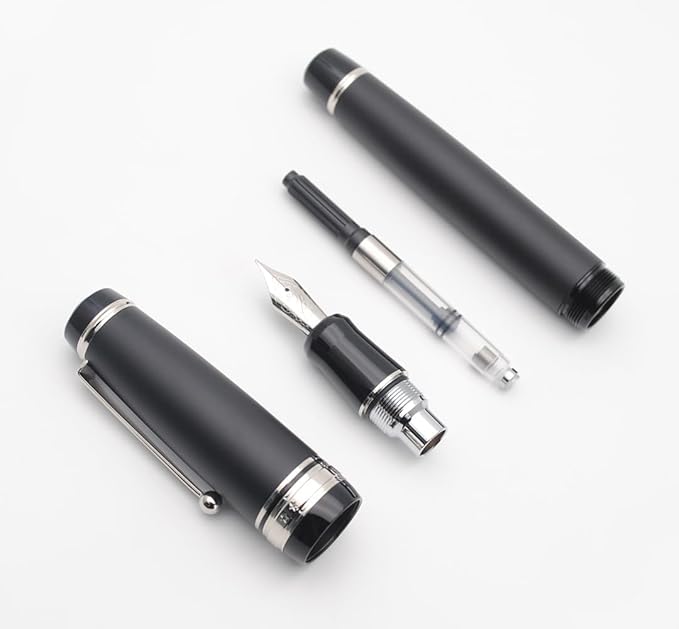 Metal Big Fountain Pen Set Medium Nib 0.7mm, Includes Ink Refill Converter, 5 Ink Cartridges & Gift Box (Medium Nib 0.7mm, Matte Black with Silvery Clip)