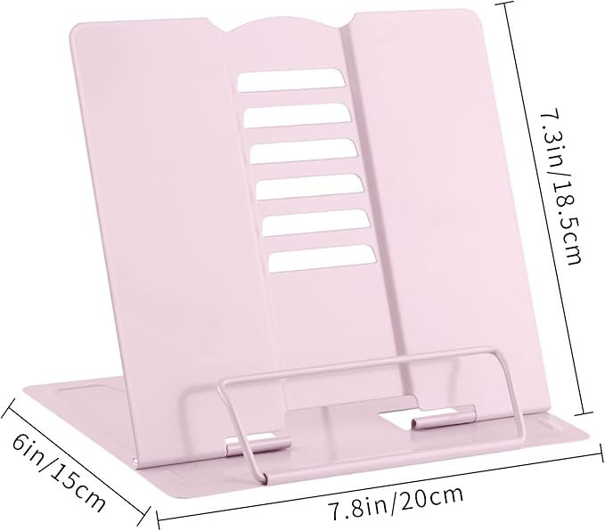 MSDADA Book Stand Metal Reading Rest Book Holder Adjustable Cookbook Documents Holder Portable Bookstands for Recipes Textbooks with Page Clips Birthday Gifts for Girls Mom Students(Macaron Pink)